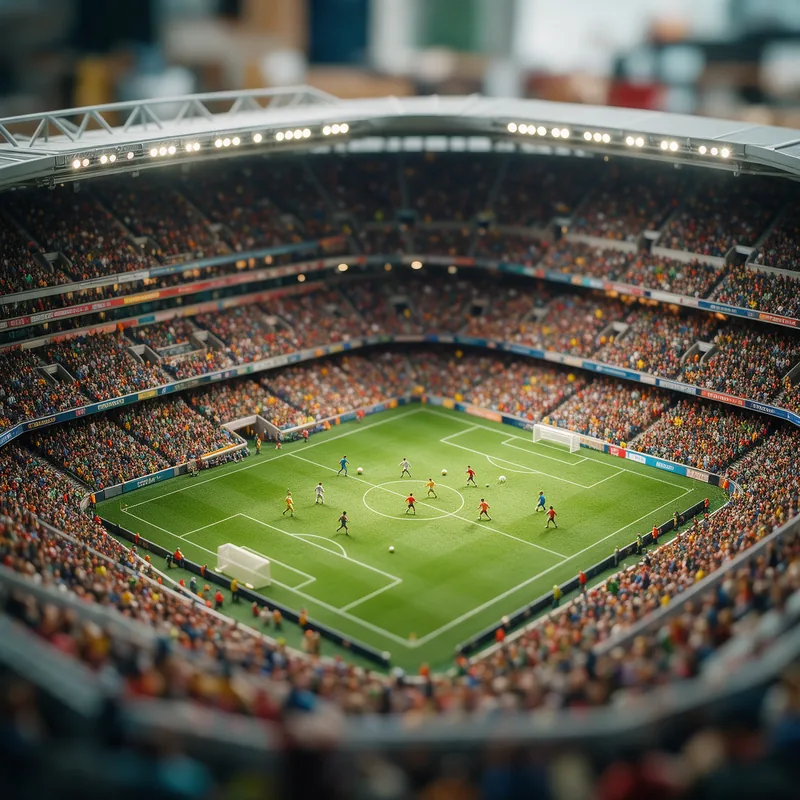 Ultra-detailed high-quality image of a huge modern football stadium, camera positioned slightly above the stands, elevated wide view over the packed tribunes, every seat filled with spectators, dense lively crowd, on the green pitch tiny toy figurines — miniature plastic toy people — are playing a football match, tilt-shift miniature photography effect, shallow depth of field, realistic stadium floodlights, vibrant colors, crisp focus on the toy players on the field, cinematic composition, photorealistic, 8K, 16:9