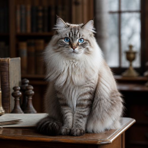 Ultra-realistic close-up portrait of a fluffy Siberian cat with striking blue eyes, sitting on an antique wooden table in a cozy library. Soft, diffused window light casting gentle shadows, sharp focus on fur texture and whiskers. Shallow depth of field, cinematic bokeh background. Shot on Sigma 85mm f/1.4 lens, 8K, high detail.