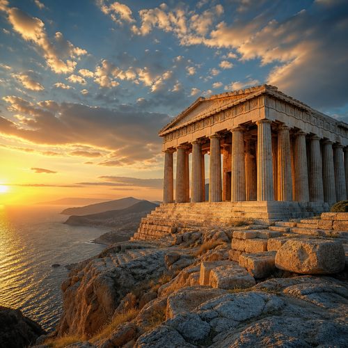 Majestic ancient Greek temple on a cliff overlooking the Aegean Sea at golden hour. Warm sunlight illuminating the marble columns, dramatic clouds, and gentle waves below. Wide-angle shot, hyper-detailed stone texture, atmospheric perspective, breathtaking landscape photography. 8K resolution, National Geographic style.