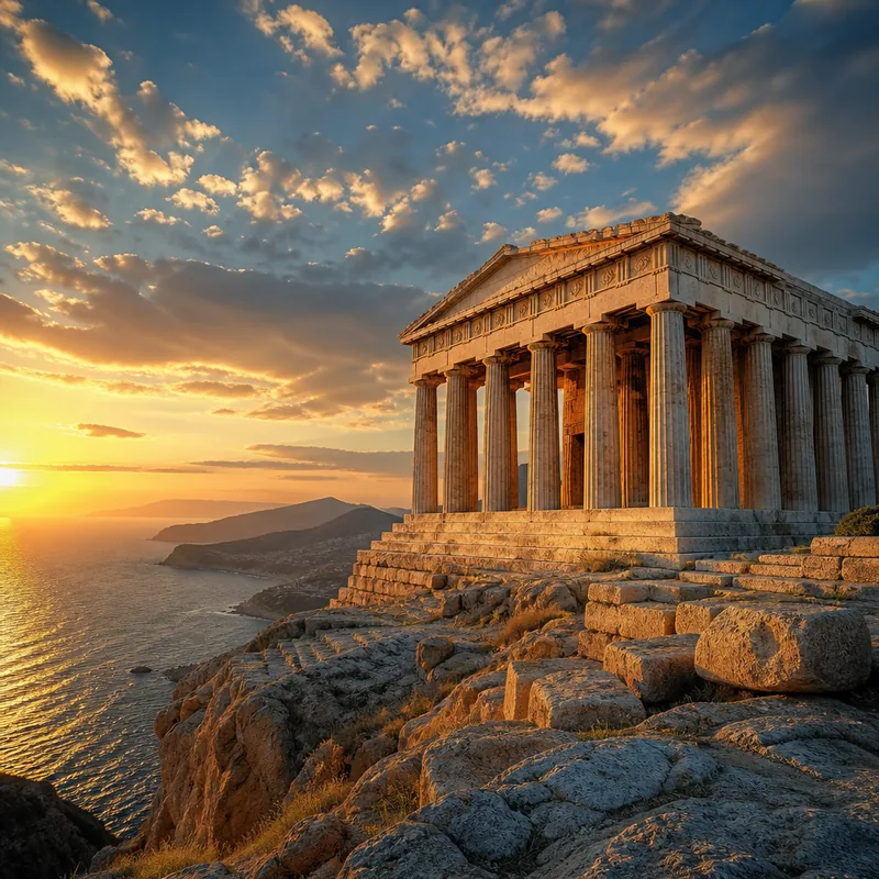 Majestic ancient Greek temple on a cliff overlooking the Aegean Sea at golden hour. Warm sunlight illuminating the marble columns, dramatic clouds, and gentle waves below. Wide-angle shot, hyper-detailed stone texture, atmospheric perspective, breathtaking landscape photography. 8K resolution, National Geographic style.