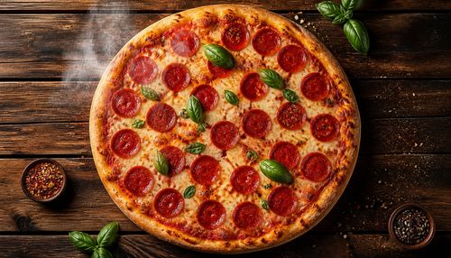 Top-down view of a delicious pepperoni pizza with melted cheese and fresh basil leaves, placed on a rustic wooden table. Studio lighting with soft highlights on the cheese and glossy pepperoni. Steam rising subtly, sharp focus on every ingredient. Commercial food photography, 8K, ultra-detailed.