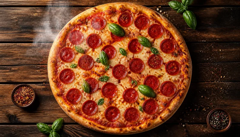 Top-down view of a delicious pepperoni pizza with melted cheese and fresh basil leaves, placed on a rustic wooden table. Studio lighting with soft highlights on the cheese and glossy pepperoni. Steam rising subtly, sharp focus on every ingredient. Commercial food photography, 8K, ultra-detailed.