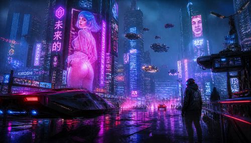 A futuristic cyberpunk city street at night, neon pink and blue lights reflecting on wet asphalt, flying cars in the sky, towering holographic billboards. Digital painting style, dramatic composition, volumetric fog, highly detailed. Trending on ArtStation, 8K.