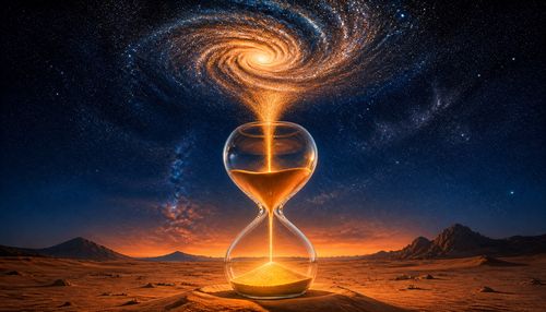A surreal scene of a giant, glowing glass hourglass in a desert, with sand flowing upwards into a starry night sky. The sand forms a galaxy. Mind-bending optical illusion, vibrant colors, hyper-realistic render, dramatic lighting. 3D render, Octane render style, 8K.