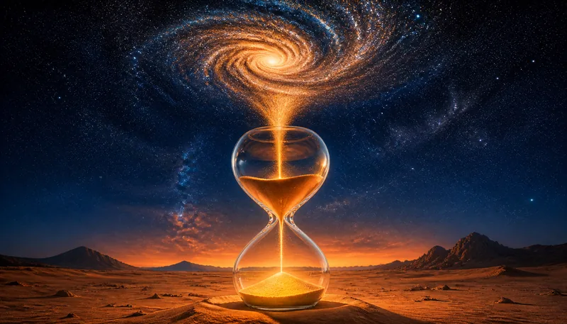 A surreal scene of a giant, glowing glass hourglass in a desert, with sand flowing upwards into a starry night sky. The sand forms a galaxy. Mind-bending optical illusion, vibrant colors, hyper-realistic render, dramatic lighting. 3D render, Octane render style, 8K.