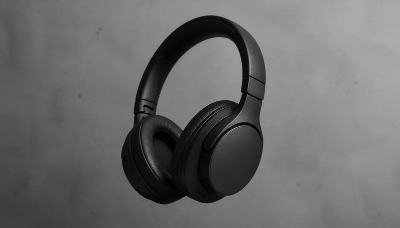 Minimalist studio product photography of a premium matte black wireless headphone, floating on a smooth concrete background. Soft, diffused studio lighting, subtle shadows, clean composition, elegant and modern aesthetic. Ultra-realistic, sharp focus on product texture, commercial grade. 8K.