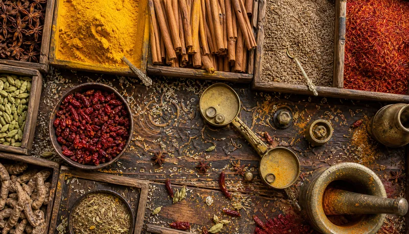 Top-down view of a bustling spice market stall, with overflowing wooden bins of turmeric, cinnamon sticks, star anise, cumin seeds, and dried chili peppers. Grains of rice scattered between the spices, tiny seed pods, and individual flakes of saffron. Weathered brass scales with weights, a mortar and pestle with residual colored powder. Intricate patterns on the wooden counter, cracks and grain visible. Warm, golden lighting, hyper-detailed texture of every spice, 8K resolution.