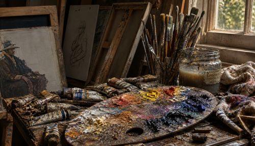 Corner of an artist's studio filled with countless paint tubes (some squeezed, some crusty), dozens of brushes with dried paint on the bristles, and a palette covered in mixed oil colors. Canvases leaning against the wall, showing tiny brushstrokes and pencil under-drawings. Paint splatters on the floor, a glass jar with cloudy turpentine, and a crumpled rag with colorful stains. Dust particles dancing in the window light. Extremely detailed still life, shallow focus on the palette, 8K, photorealistic.