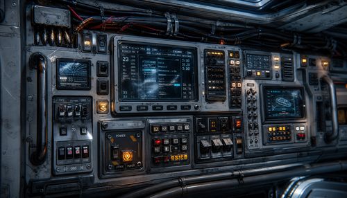 Detail of a control panel on a sci-fi spaceship, filled with dozens of tiny buttons, toggle switches, LEDs, and flickering screens showing complex data readouts. Wires and cables bundled together with zip ties, some exposed with braided shielding. Scratches on the metallic surface, a few smudges from gloved hands, and a floating speck of dust in zero gravity. Cool blue and amber ambient lighting, with reflections on the glass displays. Hyperrealistic, 8K, intricate industrial design.