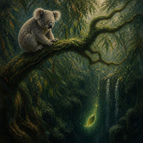 A dreamy oil painting of a koala perched on a winding green branch. The scene focuses on the contrast between the stationary animal and the dynamic motion of a falling green leaf. The leaf is glowing slightly as it descends into the dark, mysterious abyss of the forest below. Ethereal lighting, Impressionist style, textured brushstrokes, mystical mood, deep greens and earthy tones.