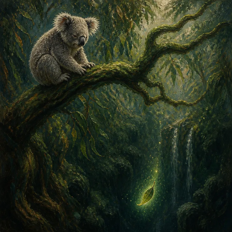 A dreamy oil painting of a koala perched on a winding green branch. The scene focuses on the contrast between the stationary animal and the dynamic motion of a falling green leaf. The leaf is glowing slightly as it descends into the dark, mysterious abyss of the forest below. Ethereal lighting, Impressionist style, textured brushstrokes, mystical mood, deep greens and earthy tones.