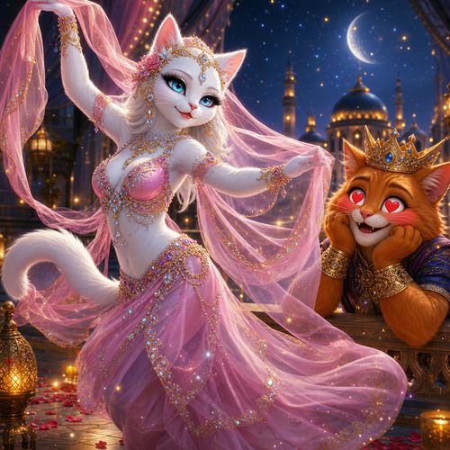 Masterpiece, vibrant colors, a beautiful magical white cat girl (or cat) with fluffy fur, radiant blue glowing eyes, thick dramatic black eyelashes, dressed in a gorgeous flowing pink princess-style oriental dancer outfit with gold jewels, diamonds and pearls, gracefully dancing (belly dancing) with a veil. A charming handsome red/orange fluffy cat wearing a royal golden crown is watching her with a blushing face, red hearts in his eyes, clearly falling in love. Background: magical arabian nights palace, starry sky, fireflies, 4k, highly detailed, soft glow, dramatic romantic atmosphere